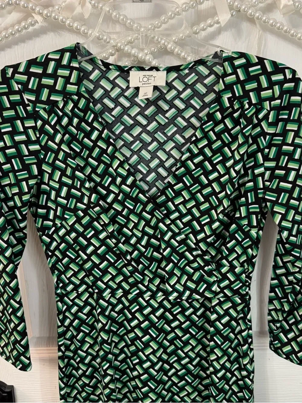 LOFT Black and Green Geometric Wrap-Style Dress